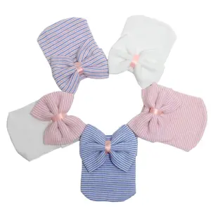 Шапка для новорожденных, теплые шапки для малышей, хлопковые шапки в полоску, мягкие больничные розовые белые шапки с бантом для мальчиков и девочек от 0 до 6 месяцев