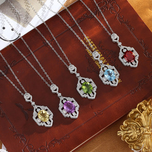 Collier pendentif ovale rétro 8*10mm en grenat, pavé de zircon, géométrique, en argent sterling 925, bijoux en pierre naturelle pour femmes - Product Image 5