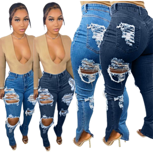 2022 Factory Wholesale Temperament Fashion <b>Stretch</b> Shredded Hollow Pocket Slit Mid Waist Breathable Eco-Friendly <b>Denim</b> - Product Image 1