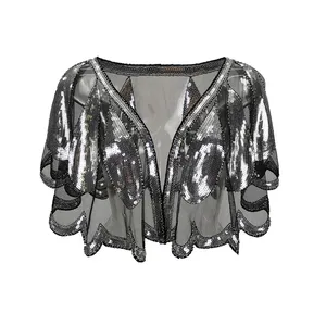 Châle pour <span class=keywords><strong>femme</strong></span> style années 20, Art Déco, à sequins et perles, Cape de soirée, Boléro, à devant ouvert, ourlet festonné, style Flapper - Product Image 6