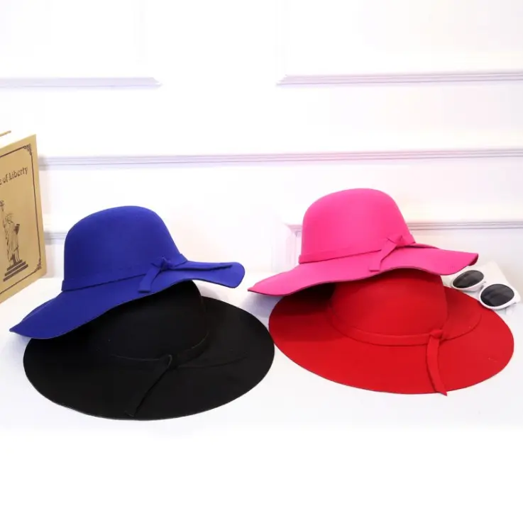 Ladies Wholesale PU Leather High Quality Fashion Summer Felt Wide Brim Fedora Hat Women