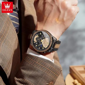 OLEVS 3645-Montres chronographe à quartz en bois <span class=keywords><strong>massif</strong></span> avec aiguilles lumineuses, étanches, en acier inoxydable texturé, avec phase de lune pour hommes - Product Image 3