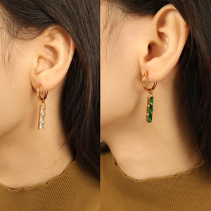 Geometric Hoop <b>Earrings</b> With Rectangular Zircon Stones Bezel Setting For Party Women <b>Gold</b> Tone <b>Dangle</b> <b>Earrings</b> - Product Image 4