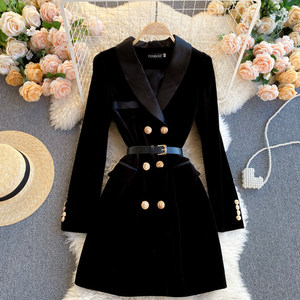 Di alta qualità autunno inverno nero elegante donna <span class=keywords><strong>doppio</strong></span> <span class=keywords><strong>petto</strong></span> velluto abito lungo Blazer per le signore - Product Image 1