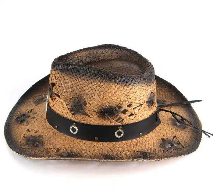 Vente en gros de chapeaux de cowboy d'été personnalisés Protection solaire chapeau de cowboy en raphia à large bord pour hommes et femmes