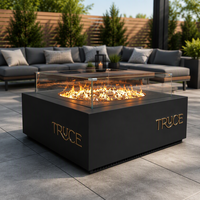 Table de foyer au gaz en acier au carbone personnalisée pour terrasse, avec télécommande, réservoir de propane dissimulé et pare-vent en verre