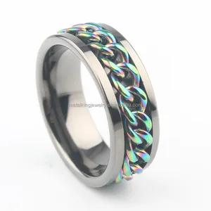 Обручальные кольца Gunmetal 8 мм, кольцо из карбида вольфрама с радужной цепью, декомпрессионное кольцо