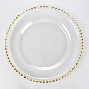 صحون بلاستيكية شفافة من الاكريليك مطرزة بالذهب مقاس 13 بوصة للكميات الكبيرة للزفاف