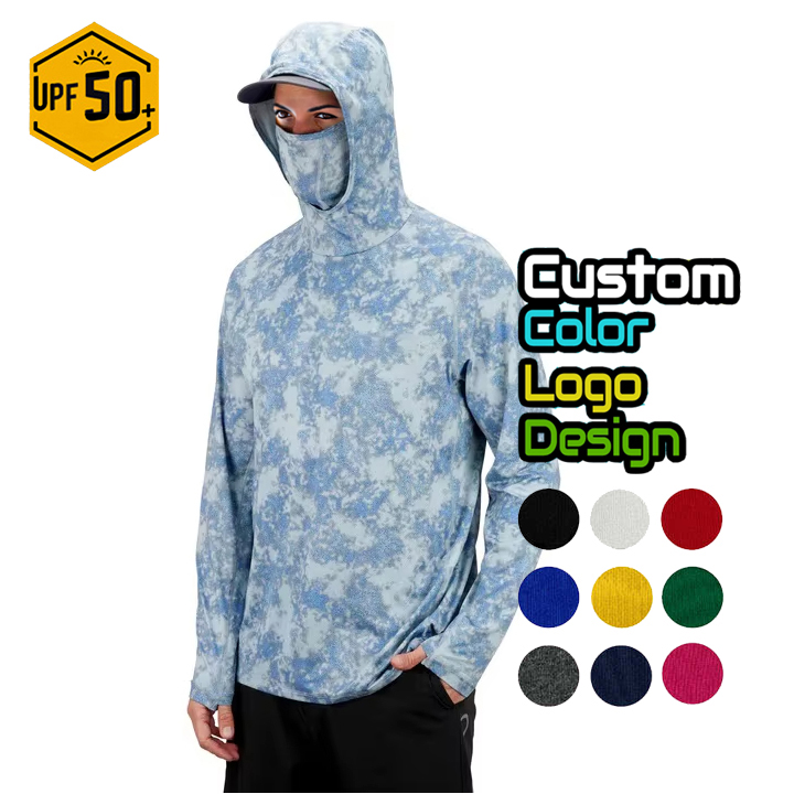 Custom Long-Sleeved Fishing Shirts with Hood and UV Protection UPF 50 Nylon Spandex Fishing Wear Waterproof Face Mask Shirts