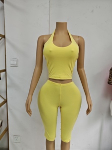 Conjunto Casual de Dos Piezas para <span class=keywords><strong>Mujer</strong></span>, Cuello Halter, Sin Mangas, <span class=keywords><strong>Pantalones</strong></span> Capri, Ropa de <span class=keywords><strong>Verano</strong></span> Suave, Personalizable con Logotipo, OEM, ODM - Product Image 3