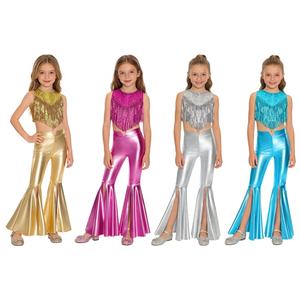 Conjunto de 2 piezas de disfraz de discoteca de los años 70 para niñas de 6 a 16 años, top metálico brillante con pantalones para eventos temáticos, actuaciones en escenario y baile. - Product Image 1