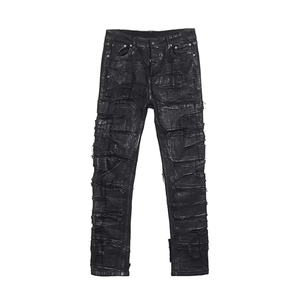 Jean en denim ciré noir pour homme, coupe slim, effet vieilli, patchwork, streetwear avant-gardiste, style punk empilé, pour le <span class=keywords><strong>rock</strong></span> gothique - Product Image 4