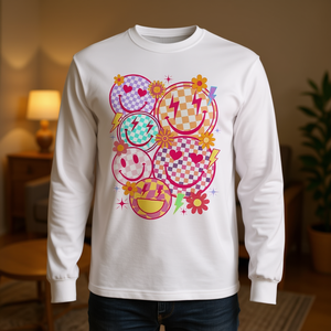 T-Shirt Unisex a Maniche Lunghe con Motivo a Quadri e Faccina Felice Retrò, Stampa Digitale Promozionale per Adulti - Product Image 3