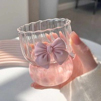 Gobelet en Verre Borosilicate Rose avec Nœud Résistant à la Chaleur, Design Coréen, Tasse à Café Thé avec Couvercle, Motif Vertical, Tasse Rebordie pour Filles