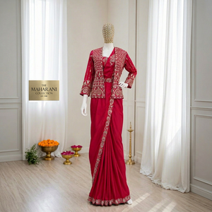 <b>Red</b> Embroidered Indian Pakistani Salwar Kameez Set Heavy Crep Silk Floor-Length Long Sleeve Jacket Pleated Skirt Formal Diwali - Product Image 1