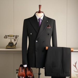 Ensemble de <span class=keywords><strong>costume</strong></span> <span class=keywords><strong>homme</strong></span> croisé sur mesure, style britannique, résistant aux plis, coupe ajustée, couleur unie, <span class=keywords><strong>pour</strong></span> affaires et occasions décontractées - Product Image 1