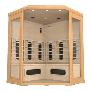Sala de sauna de madera seca infrarroja lejana de esquina para 4 personas con panel de control