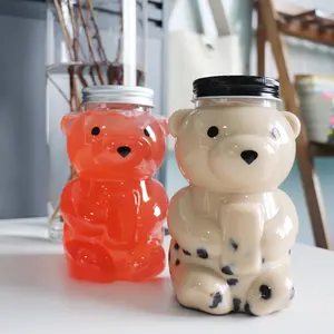Wholesale 500ml Clear Pet Plastic Juice Bear Bottles Drinking Bottles Cute Bear Shape Milk Tea Bottle Cup With Lid