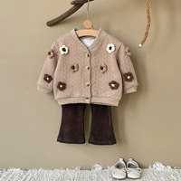 Ensemble de vêtements pour bébé fille, style bohème, cardigan en tricot avec pantalon en velours côtelé marron, beige neutre, pull orné de fleurs 3D
