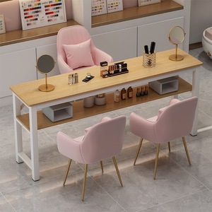 Wood Grain Nail <b>Table</b> Double Sink Salon Workstation Makeup <b>Vanity</b> <b>Table</b> with Storage Shelf - Product Image 2