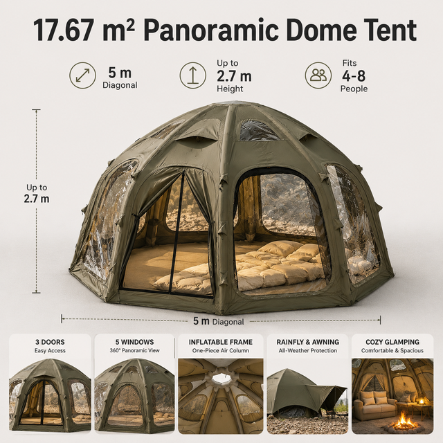 Panoramic Dome Tent Inflatable 5m 17.67 Sqm 4-8 Person 5 TPU Windows 3 Doors UPF 50+ PU 2000mm Waterproof Four-Season Quick Pump