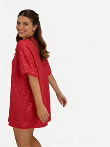 Minivestido rojo brillante de manga corta y corte holgado – Esencial para fiestas navideñas y de fin de año para mujer - Product Image 1