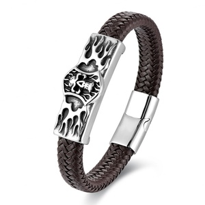 New Design Wholesale 316L Stainless Steel Punk Skull Leather Braided <b>Bracelet</b> for <b>Men</b> - Product Image 1