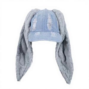 Casquettes de baseball pour femmes en jean denim, motif oreilles de lapin dessinées à la main, effet délavé, graffiti, 100% coton, 6 panneaux, boucle métallique, trous style hip-hop - Product Image 3