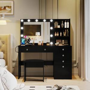 Commode <span class=keywords><strong>pas</strong></span> <span class=keywords><strong>cher</strong></span> embellir noir bois chambre meubles de vanité en bois beauté vanité table en bois avec lumière LED miroir de maquillage pour chambre - Product Image 5