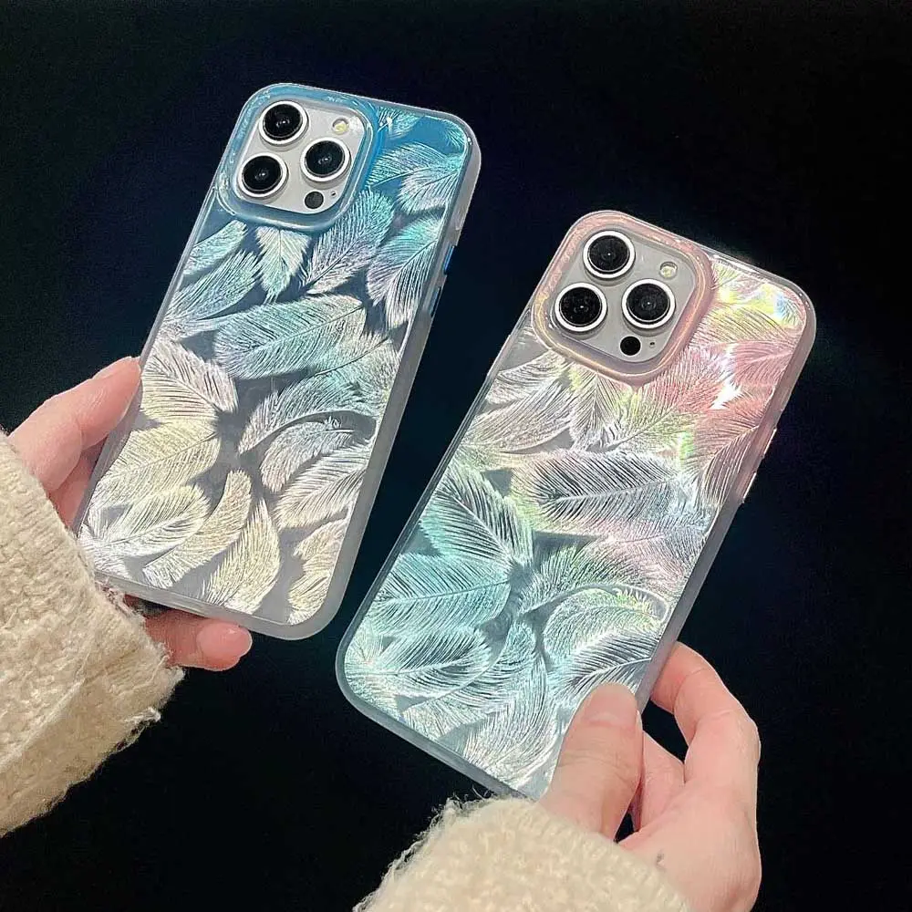 INS Korea Gradient Colorful Leaves Feather Phone Case For Iphone 14Pro 15Pro 12 13 14 15 Pro Max Cover Shockproof Fundas Coque