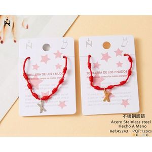 Cavigliera in Acciaio Inossidabile con Nodo a Sette Stelle e Ciondolo a Lettera X, Cordino Rosso, Gioielli alla Moda da Donna - Product Image 3