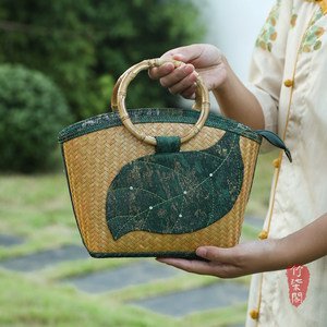Bamboo Woven Green Leaf Handbag Large Capacity Women's Tote Bag Modern Chinese Style For Cheongsam Hanfu - Product Image 2