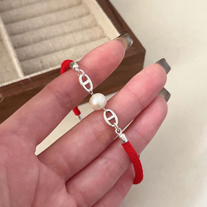S925 Sterling Silver Pearl <b>Bracelet</b> <b>Red</b> Rope Woven Women's Everyday Wear Fine String Jewelry - Product Image 2