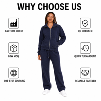 Ensemble 2 pièces décontracté pour femme : Sweat-shirt tricoté 140g, veste courte asymétrique à col revers et fermeture éclair, pantalon large – ODM