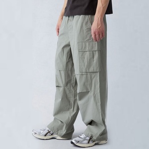 New Fashion Plain Loose Fit Multi-Pockets Custom Elastic Waist Mid <b>Wide</b> <b>Leg</b> Nylon Lightweight Men <b>Cargo</b> Pants - Product Image 2