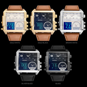 <span class=keywords><strong>BOAMIGO</strong></span>-relojes deportivos para hombre, pulsera de cuarzo de cuero, LED, con logo personalizado, 3 zonas horarias - Product Image 6
