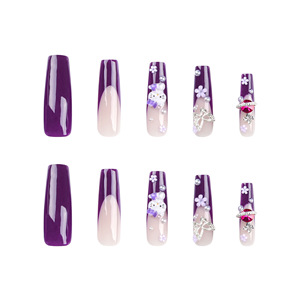 Love Pearl Estilo francés Uñas usables Púrpura <span class=keywords><strong>Hello</strong></span> Kitty con mariposas plateadas y flores Puntas de uñas largas - Product Image 4