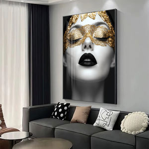 Moderno oro nero ritratto <span class=keywords><strong>di</strong></span> moda donna porcellana <span class=keywords><strong>di</strong></span> cristallo pittura con cornice a LED stampato da parete arte per soggiorno - Product Image 2