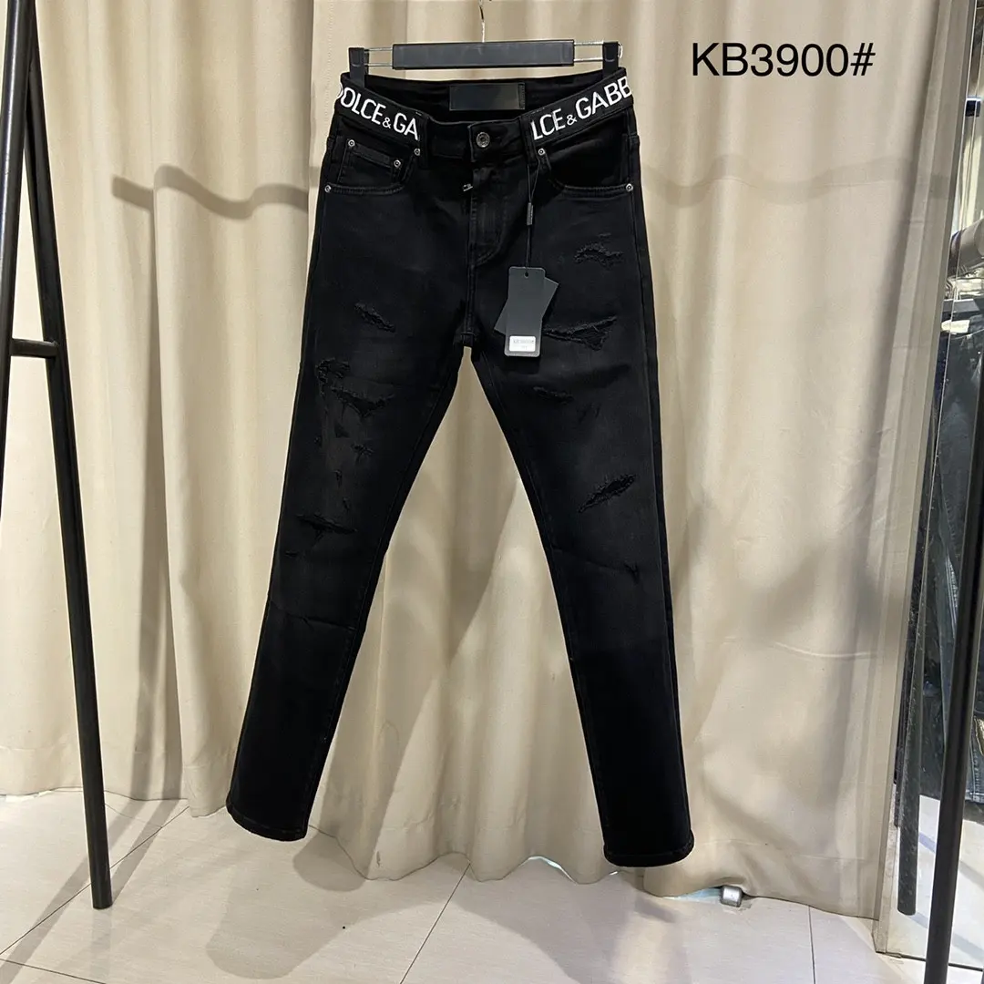 Black stitching embroidered jeans 2023 new fashion brand men's torn patch elastic slim men's jeans