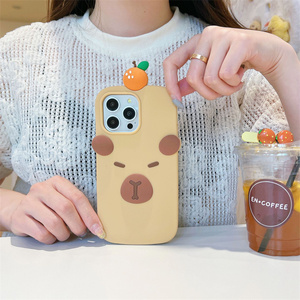 เคสโทรศัพท์ซิลิโคนลายการ์ตูนคาปิบาร่าสำหรับ iPhone 17 16 15 14 Pro max ลายคิตตี้โบว์น่ารัก ยางนิ่มสีส้มพีช ป้องกันการกระแทก - Product Image 4