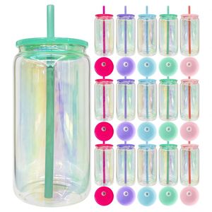 China Warehouse Iridescent Shimmer rainbow Plated Blank Sublimation 16oz <b>Beer</b> Glass Can with Colored Lids and Straw - Product Image 1
