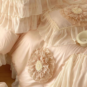 Ensemble <span class=keywords><strong>de</strong></span> literie <span class=keywords><strong>haut</strong></span> <span class=keywords><strong>de</strong></span> <span class=keywords><strong>gamme</strong></span> 4 pièces en <span class=keywords><strong>satin</strong></span> rose, <span class=keywords><strong>housse</strong></span> <span class=keywords><strong>de</strong></span> <span class=keywords><strong>couette</strong></span> 100% <span class=keywords><strong>coton</strong></span>, taie d'oreiller en dentelle - Product Image 6