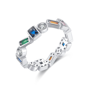 <b>925</b> <b>Silver</b> Eternity Band <b>Ring</b> Geometric Design Bezel Set Diamonds and Colorful Stones Unisex Minimalist Everyday Wear - Product Image 1