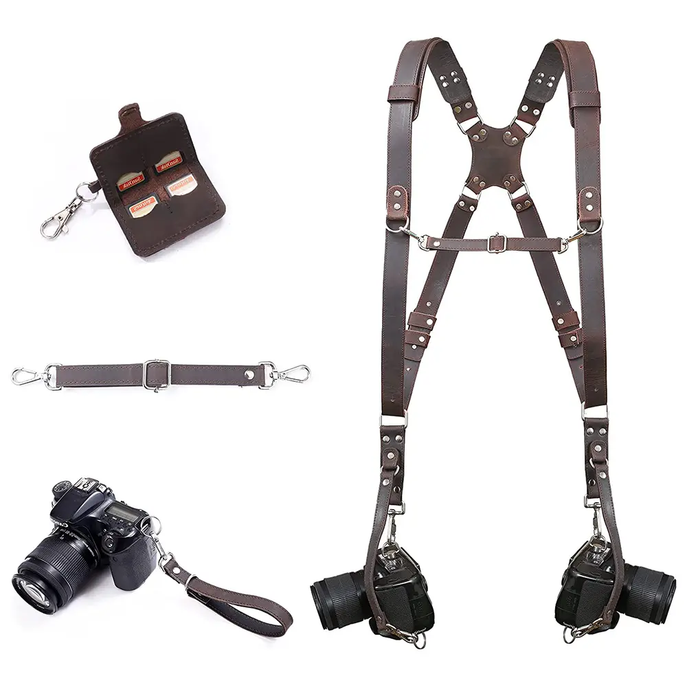 Hot Sale Custom Genuine Leather Camera Strap Dual Camera Harness For Photographers With Camera Wrist Strap