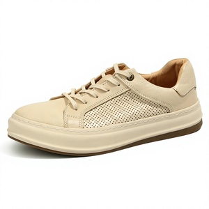 Zapatillas de deporte de cuero genuino para mujer, zapatos informales de primavera con plataforma y cordones perforados en color beige - Product Image 3