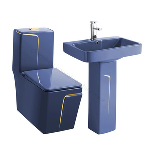 Inodoro de una pieza de lujo de doble descarga, inodoro de chorro de sifón de línea azul y dorada, inodoro espía, inodoro inodoros, juego de lavabo - Product Image 5