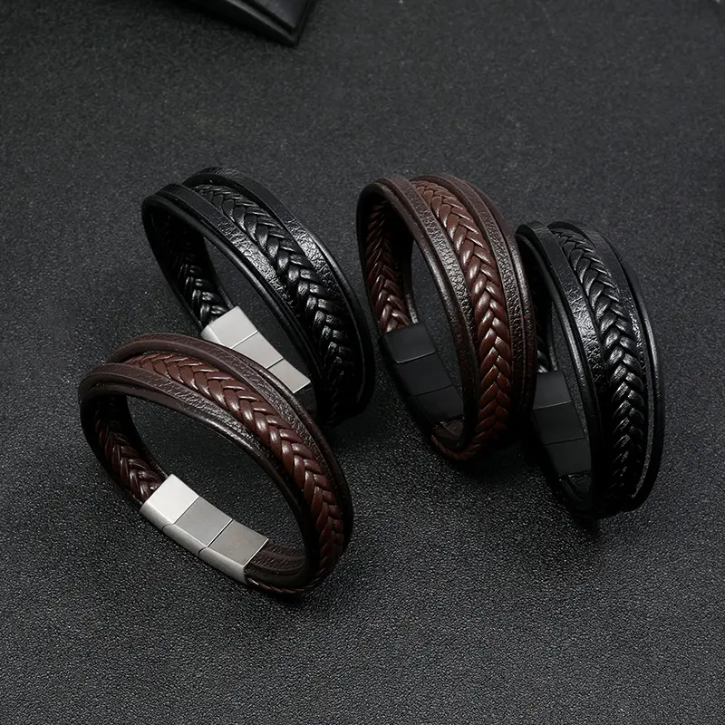 men Stainless steel magnet Clasp buckle men's leather bracelet Multilayer simple woven leather wristbands