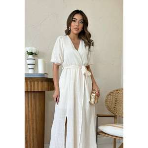 Vestido de Lino Muselina Beige con Cuello Cruzado al por Mayor, Personalizable, ODM, Estilos para Fiesta/Formal/Dulce, Tallas XS-XL, Volantes Huecos, Fruncido, Liso - Product Image 2