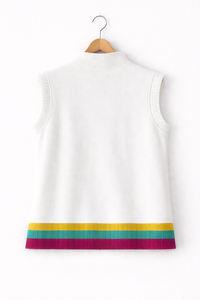 Achetez un gilet sans manches blanc avec fermeture éclair, col montant côtelé et détail de bordure multicolore, veste décontractée légère - Product Image 3