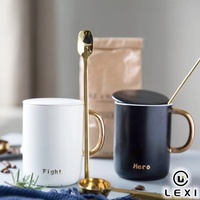 Duo de tasses en céramique avec mots inspirants, noir, blanc, or mat, poignée en D, thème 'Fight Hello Affirmation', pour café et thé, coffret cadeau, personnalisable, vente en gros